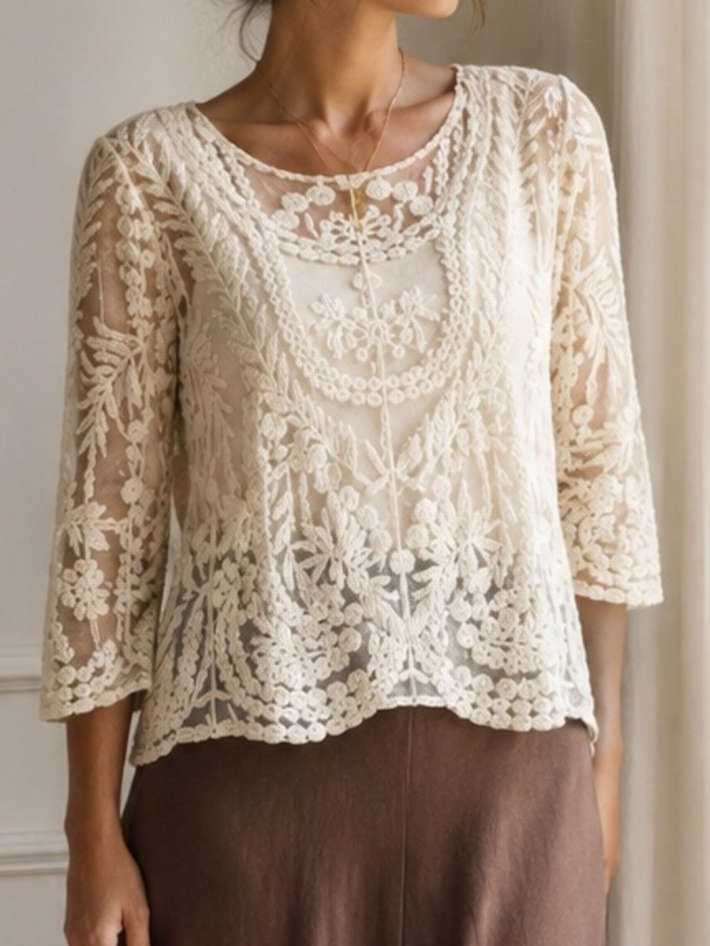 St. Tropez Fairycore Ethereal Boho Vintage Y2K Cream Sheer Lace top, Size Medium
